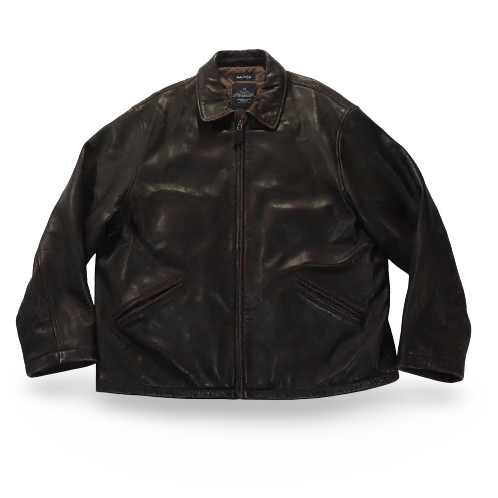 Nautica Bomber Jacket Mens 44 Brown Vintage 100% Genuine Leather Full Zip Coat